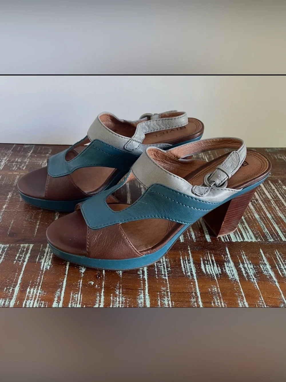 BIVIEL Leather Wedge Sandals in Blue, Brown & Gray
